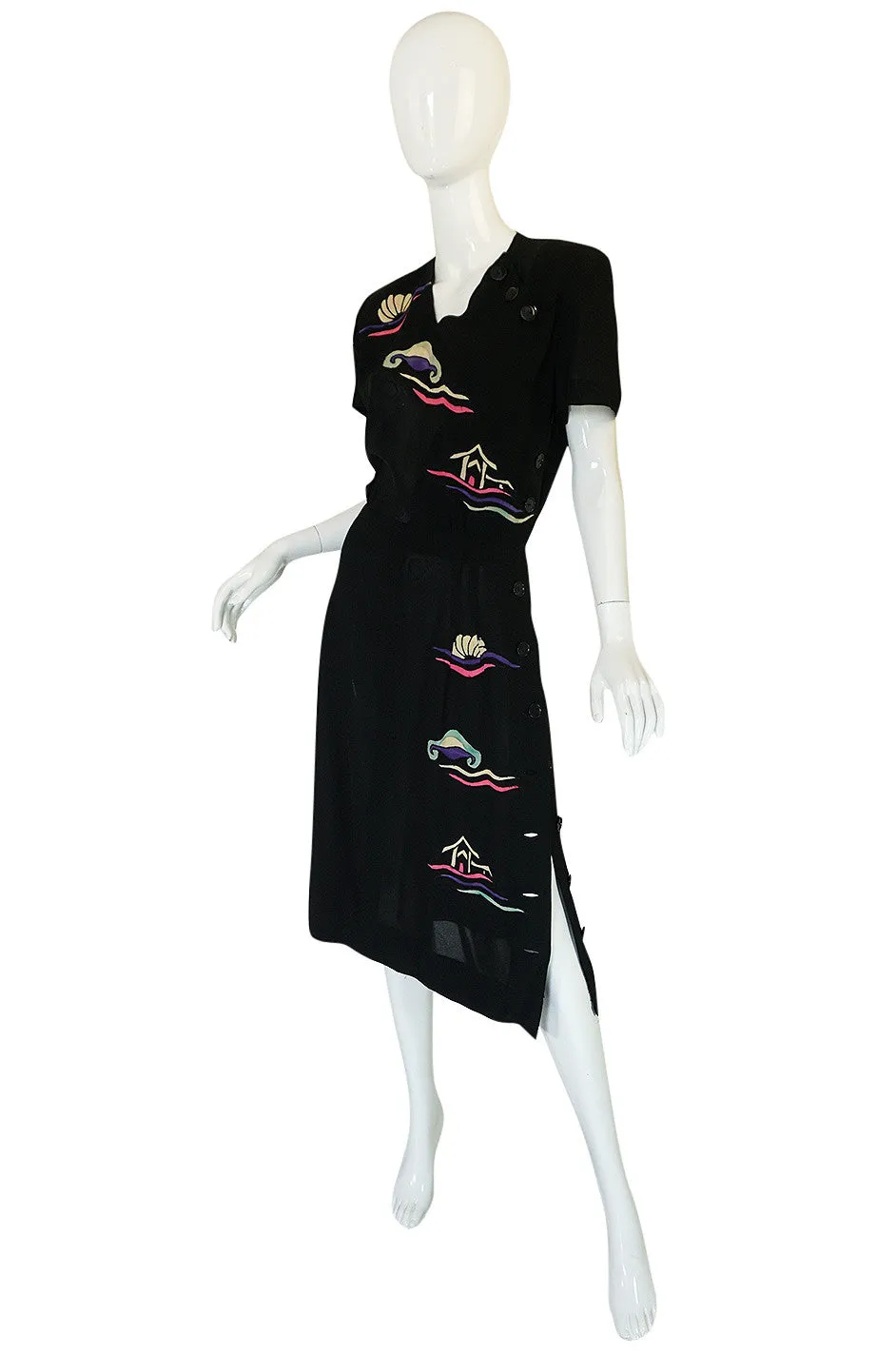 1940s Inset Scenes Eisenberg & Sons Originals Button Swing Dress