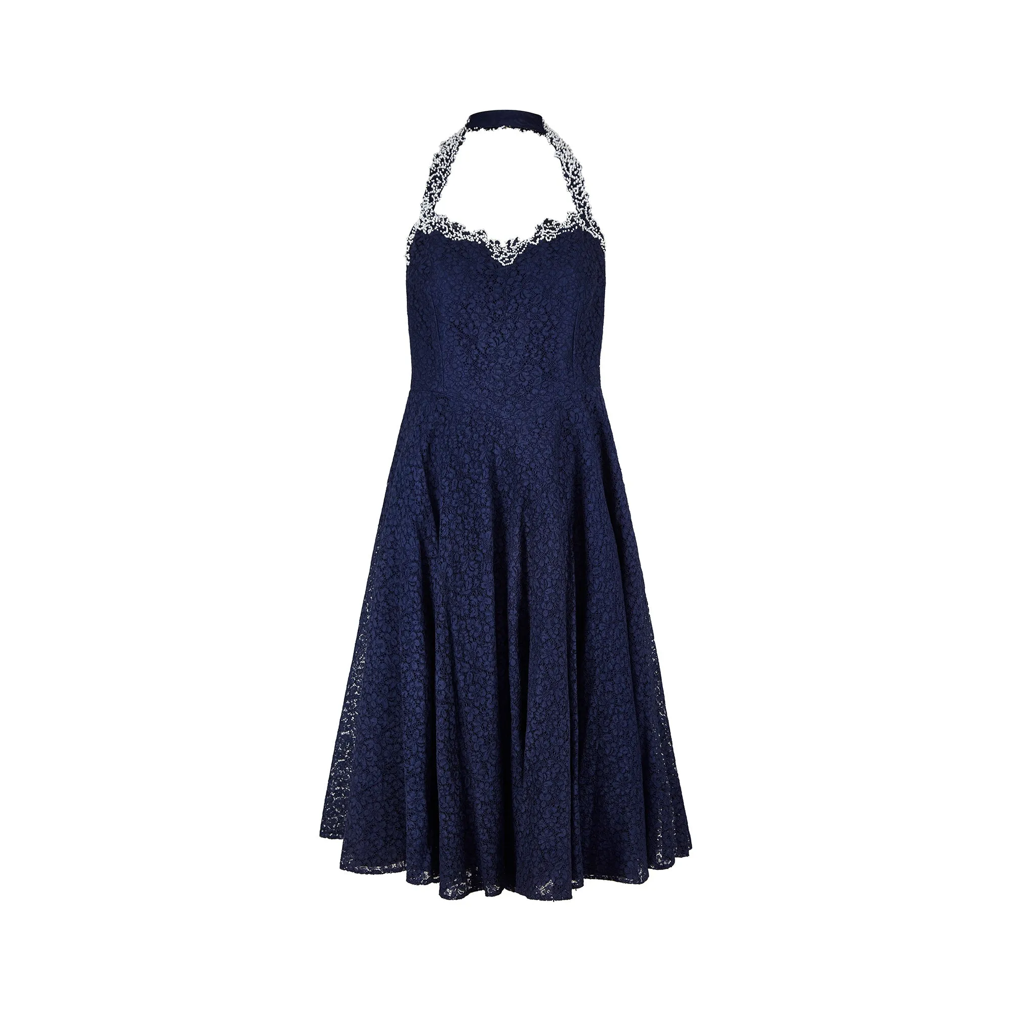 1950s Navy Lace and White Beaded Halter Neck Dress Suit