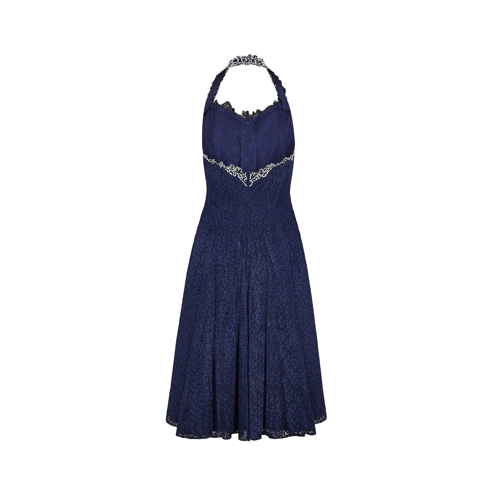 1950s Navy Lace and White Beaded Halter Neck Dress Suit