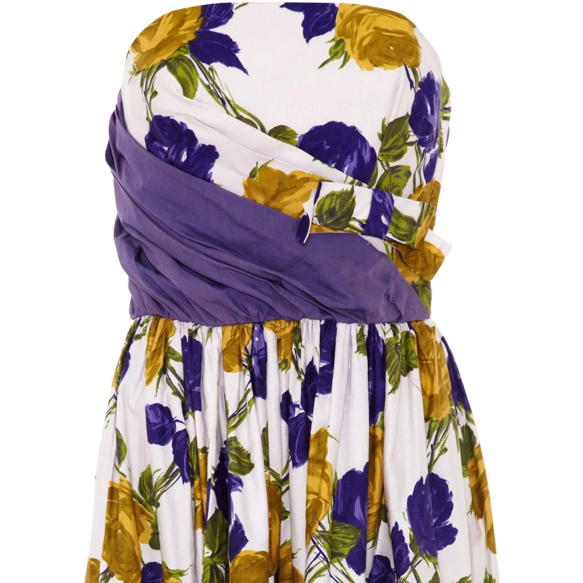 1950’s Purple and Yellow Rose Print Strapless Cotton Dress