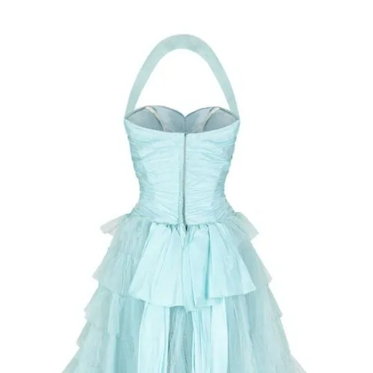 1950s Ruffle Turquoise Layered Tulle Net Halterneck Dress