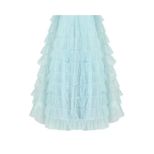 1950s Ruffle Turquoise Layered Tulle Net Halterneck Dress