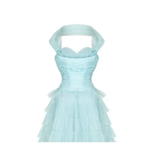 1950s Ruffle Turquoise Layered Tulle Net Halterneck Dress