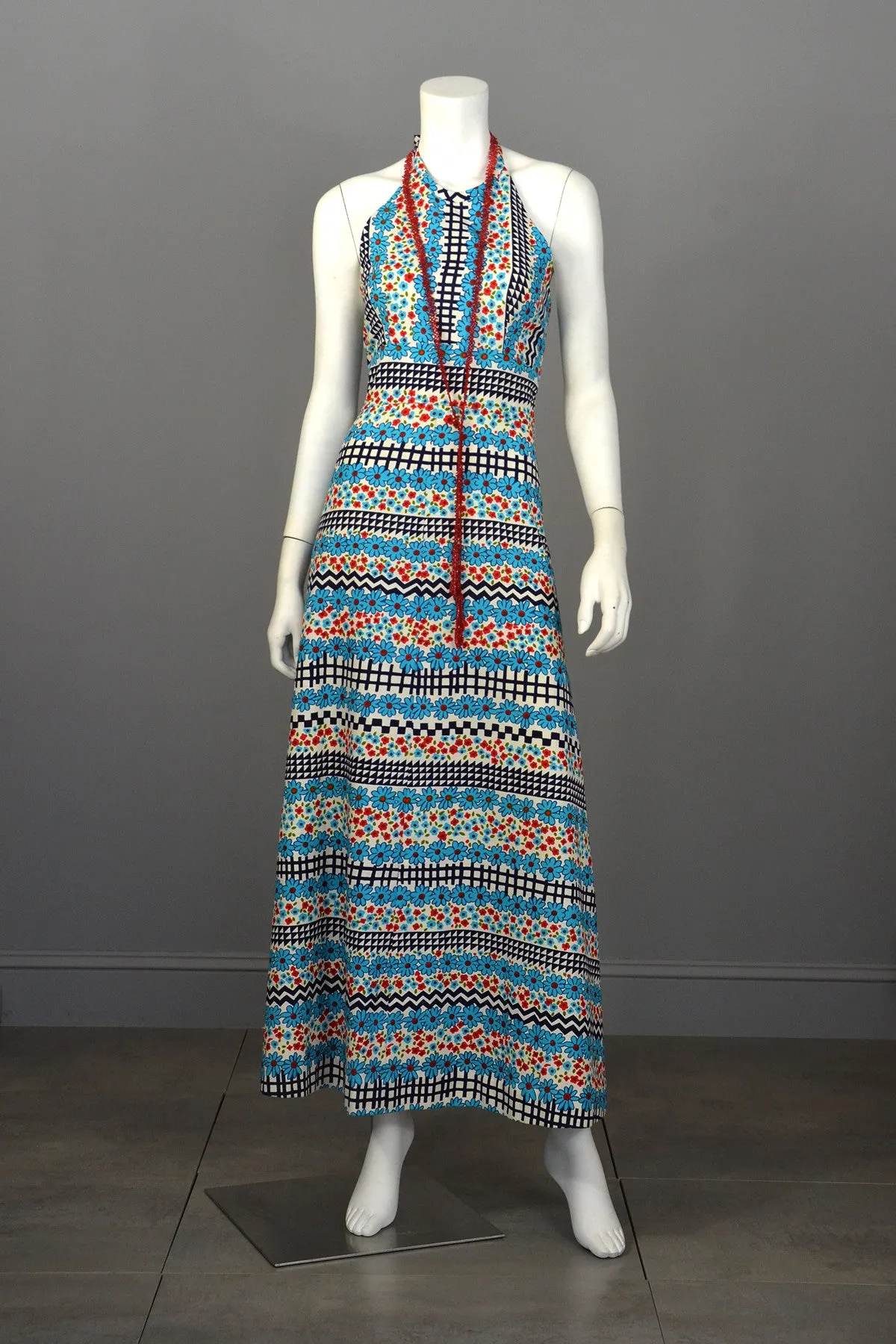 1960's Retro Print Hippie Maxi Halter Dress