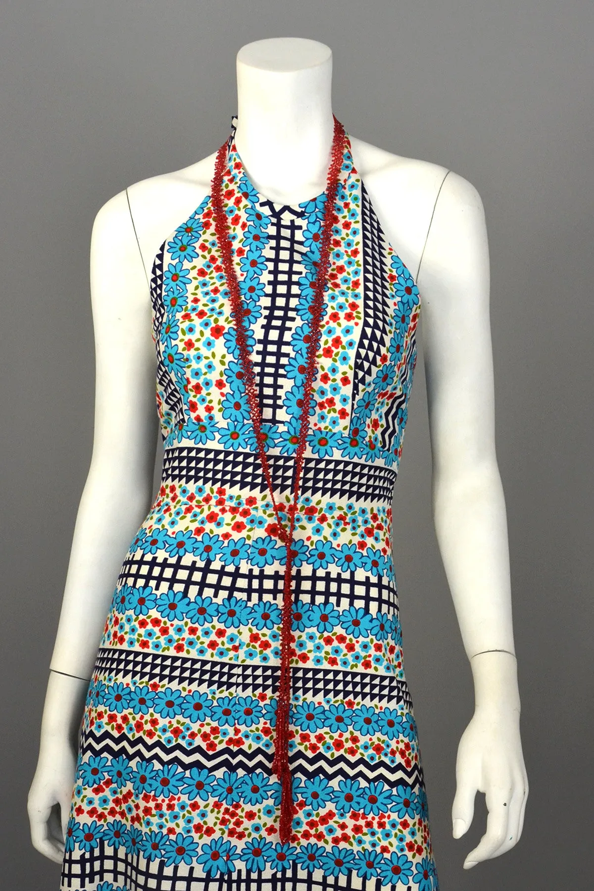 1960's Retro Print Hippie Maxi Halter Dress