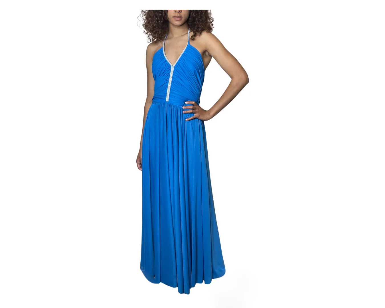 1970's Original Vintage Electric Blue Disco Maxi Dress With Diamante UK 12 - 16