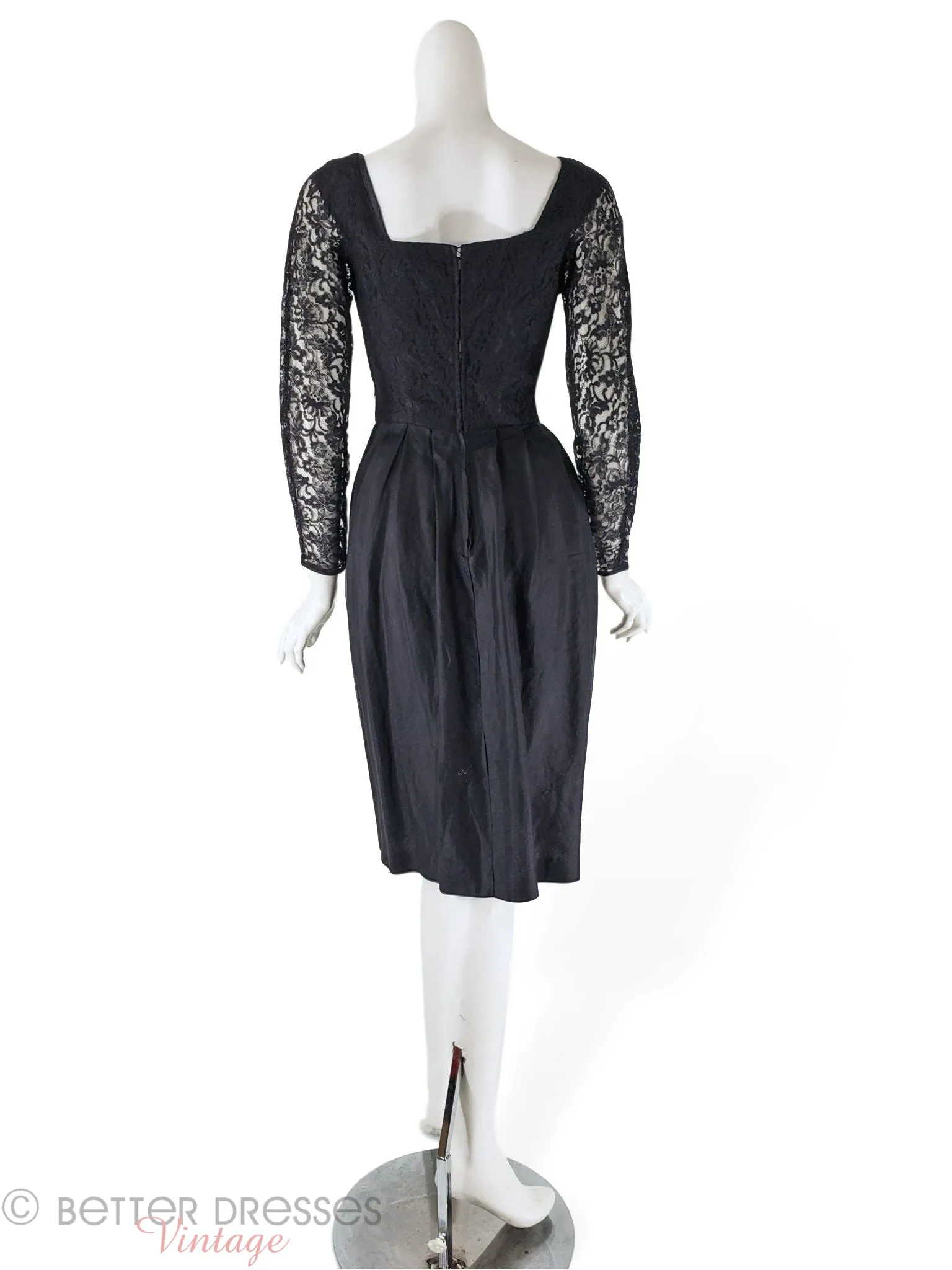 50s/60s Black Cocktail Dress With Lace Bodice - sm