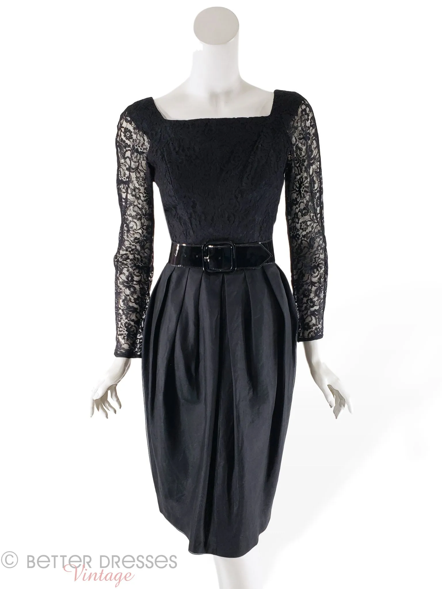 50s/60s Black Cocktail Dress With Lace Bodice - sm