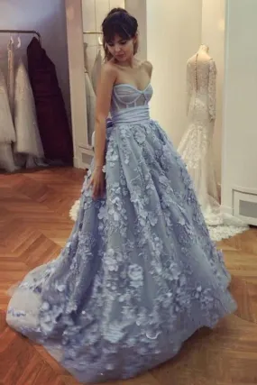 A Line Lace Appliques Sweetheart Prom Dresses Long Blue Quinceanera Dresses