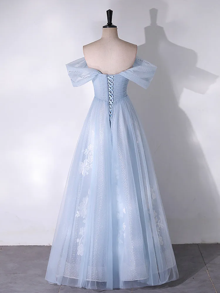 A-Line Off Shoulder Tulle Lace Blue Long Prom Dress, Blue Long Formal Dress