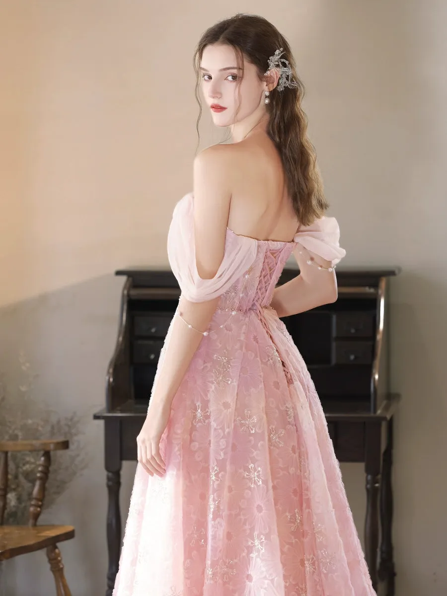 A-Line Off Shoulder Tulle Lace Pink Long Prom Dress, Pink Lace Evening Dress