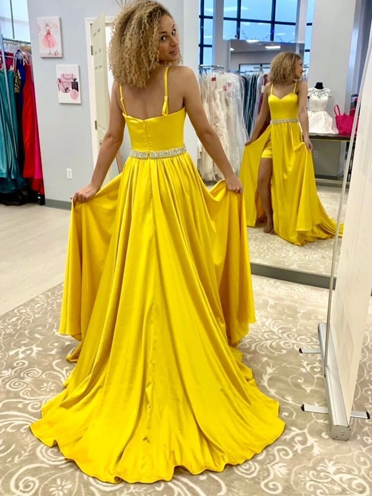 A Line Open Back Yellow Long Prom Dresses with Belt, High Slit Yellow Formal Dresses, Yellow Evening Dresses