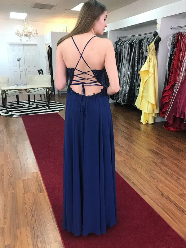 A Line Spaghetti Straps Lace Navy Blue Chiffon Long Prom Dresses, Navy Blue Formal Dresses