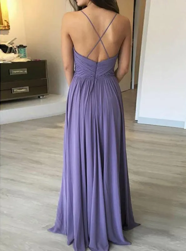 A-Line Spaghetti Straps Pleated Lavender Chiffon Bridesmaid Dress