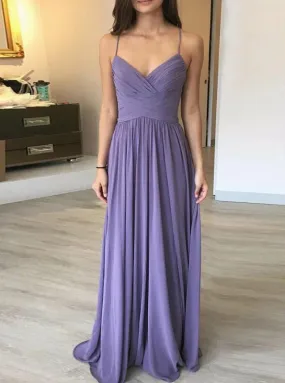 A-Line Spaghetti Straps Pleated Lavender Chiffon Bridesmaid Dress