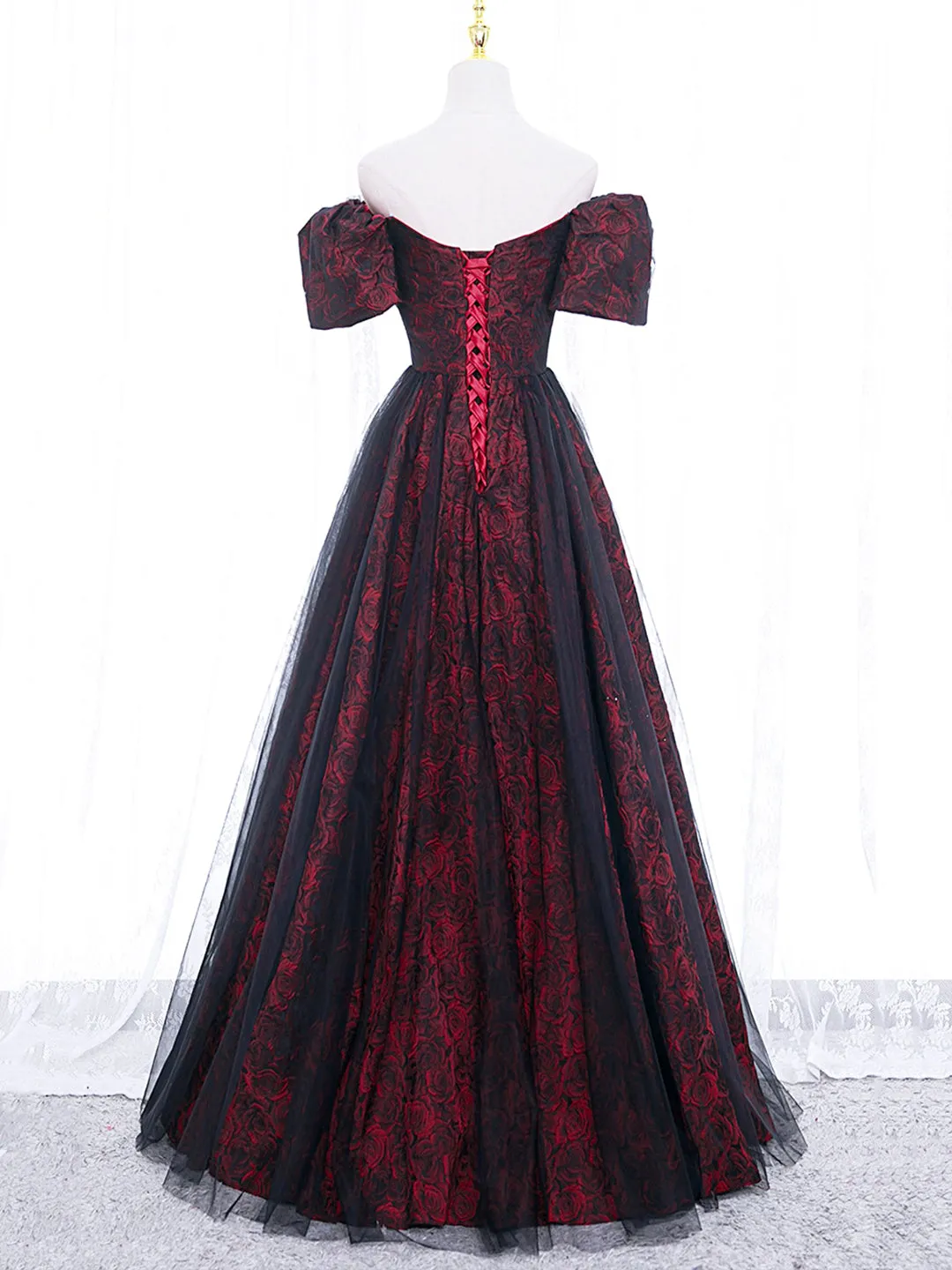 A-Line Tulle Lace Black/burgundy Long Prom Dress, Black/Burgundy Long Formal Dress