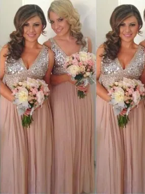 A-Line V-Nack Floor-Length Empire Pink Chiffon Bridesmaid Dress