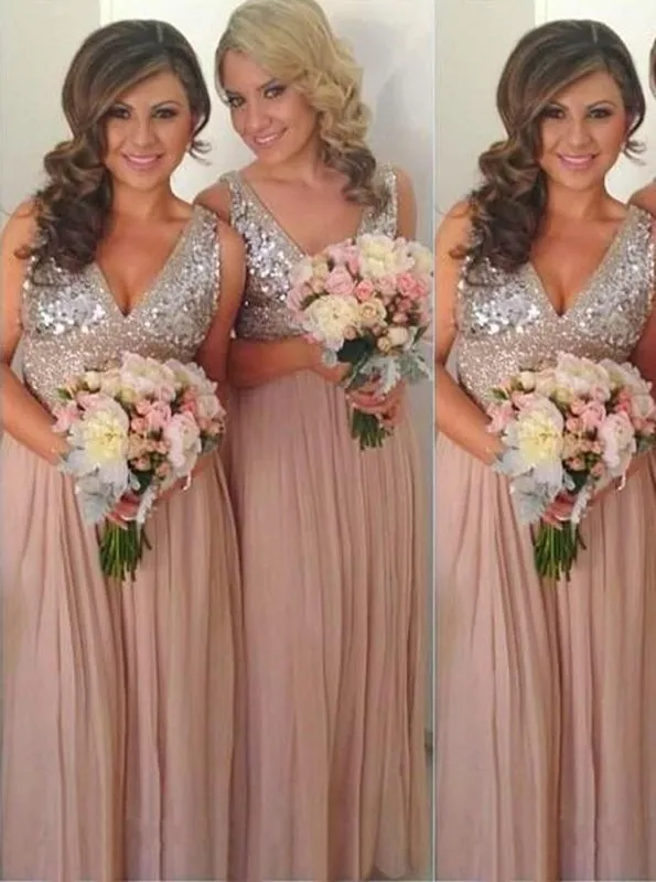 A-Line V-Nack Floor-Length Empire Pink Chiffon Bridesmaid Dress