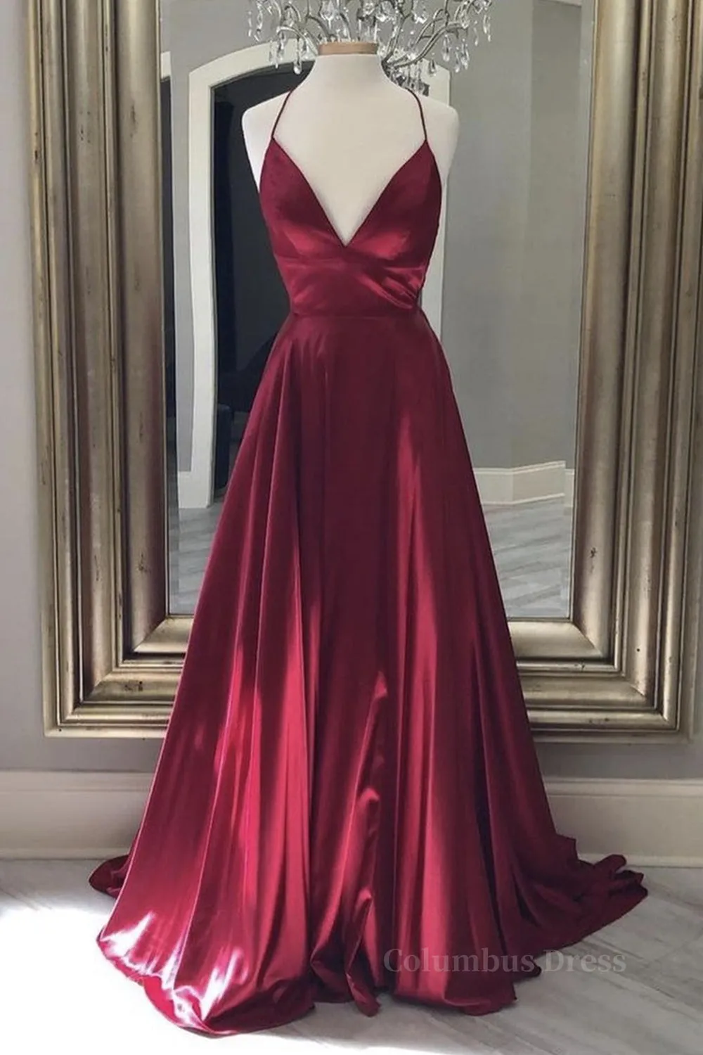 A Line V Neck Backless Burgundy Long Prom Dresses, Backless Burgundy Formal Graduation Evening Dresses