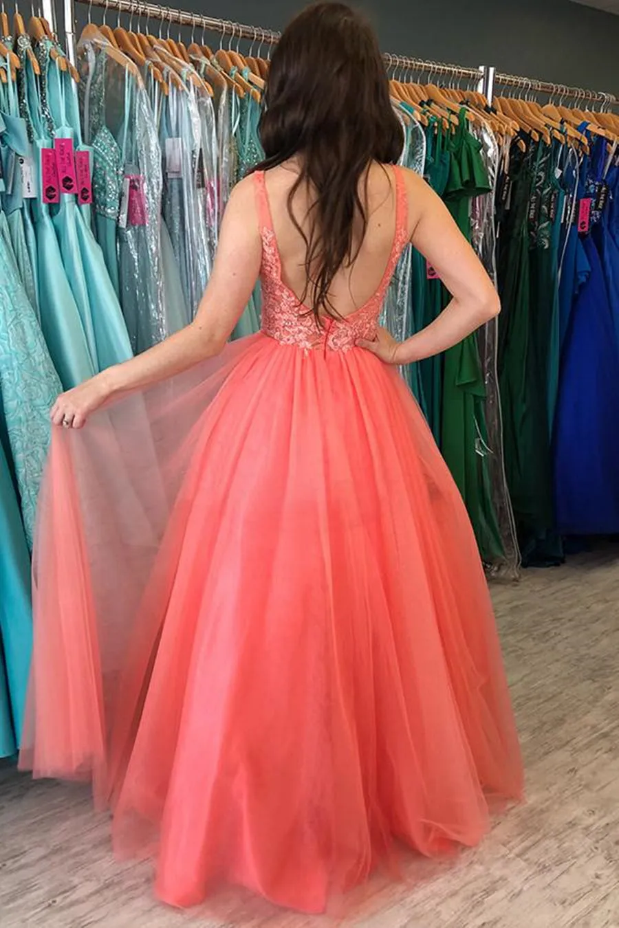 A Line V Neck Backless Coral Lace Long Prom Dresses, Backless Coral Lace Formal Dresses, Coral Lace Evening Dresses