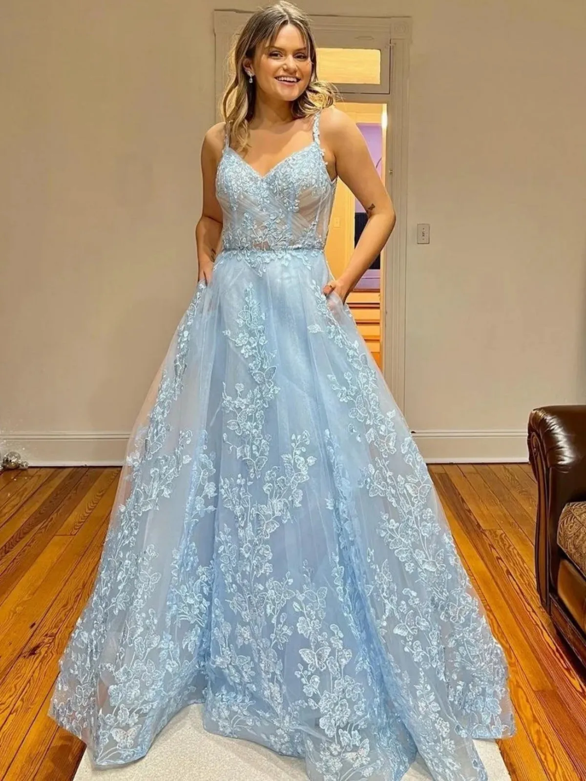 A Line V Neck Light Blue Lace Long Prom Dresses, Light Blue Floral Formal Graduation Evening Dresses SP2633