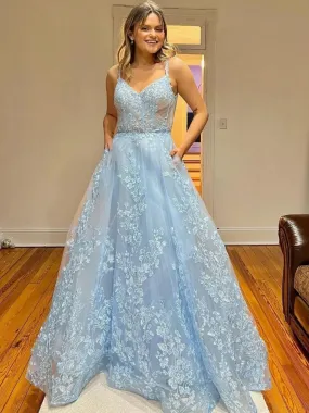 A Line V Neck Light Blue Lace Long Prom Dresses, Light Blue Floral Formal Graduation Evening Dresses SP2633