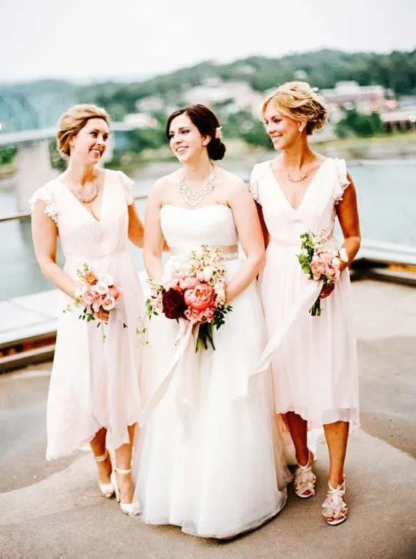 A-Line V-Neck Pearl Pink Chiffon Bridesmaid Dress