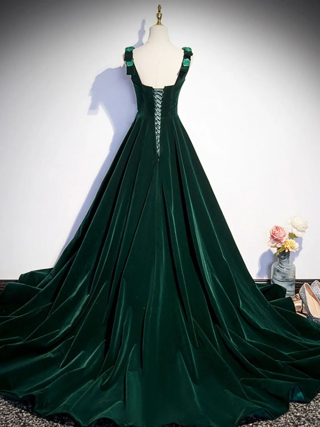 A-Line Velvet Green Long Prom Dresses, Green Formal Evening Dresses