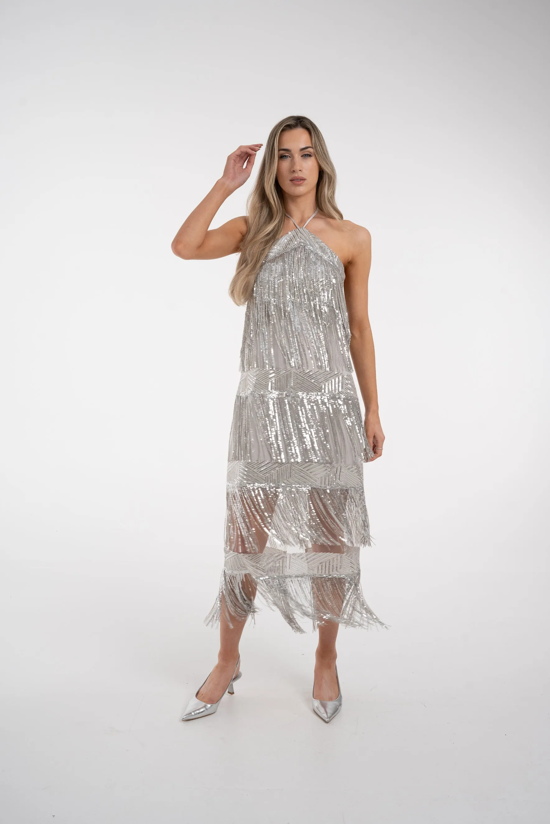 Alana Fringed Sequin Dress In Silver