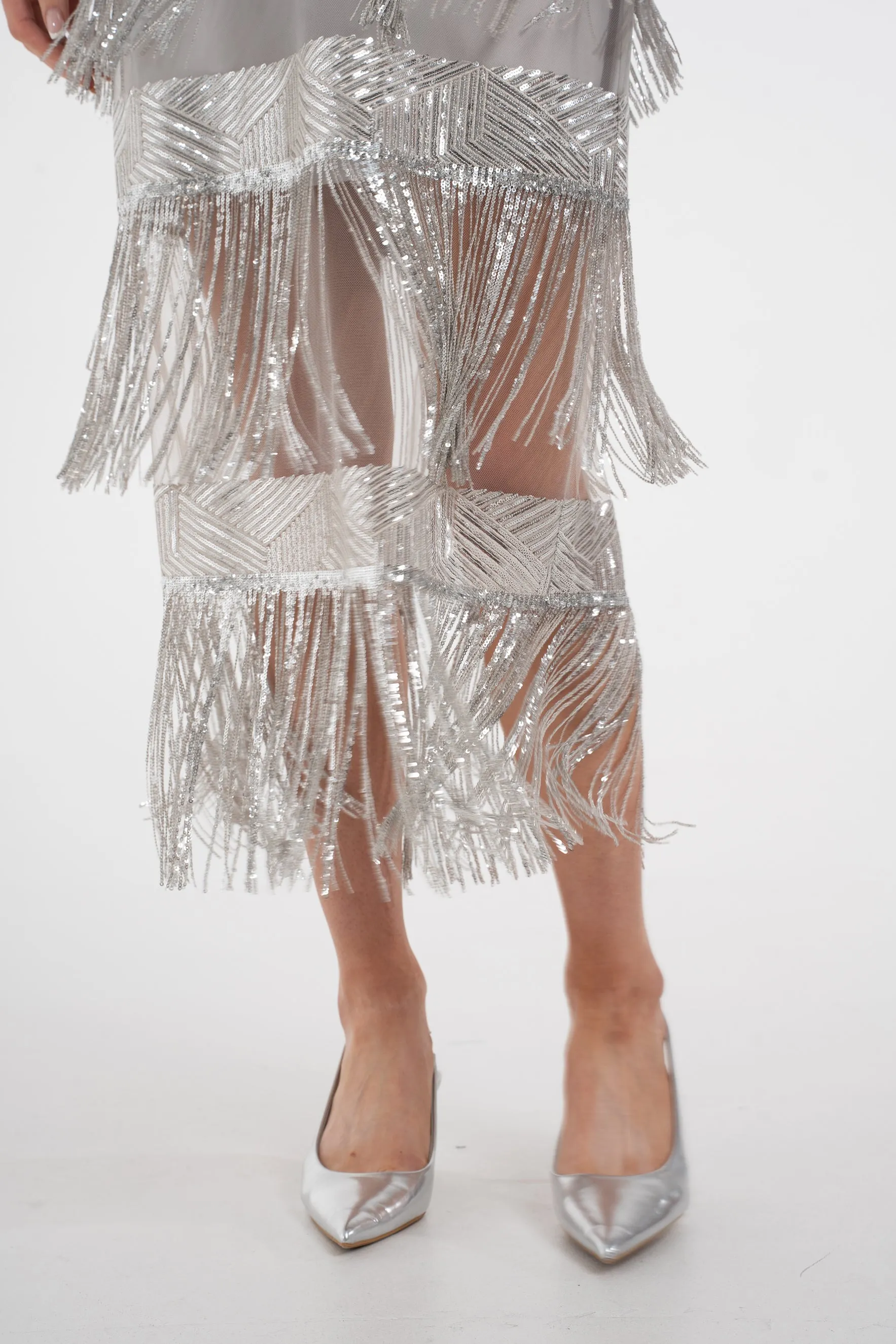 Alana Fringed Sequin Dress In Silver