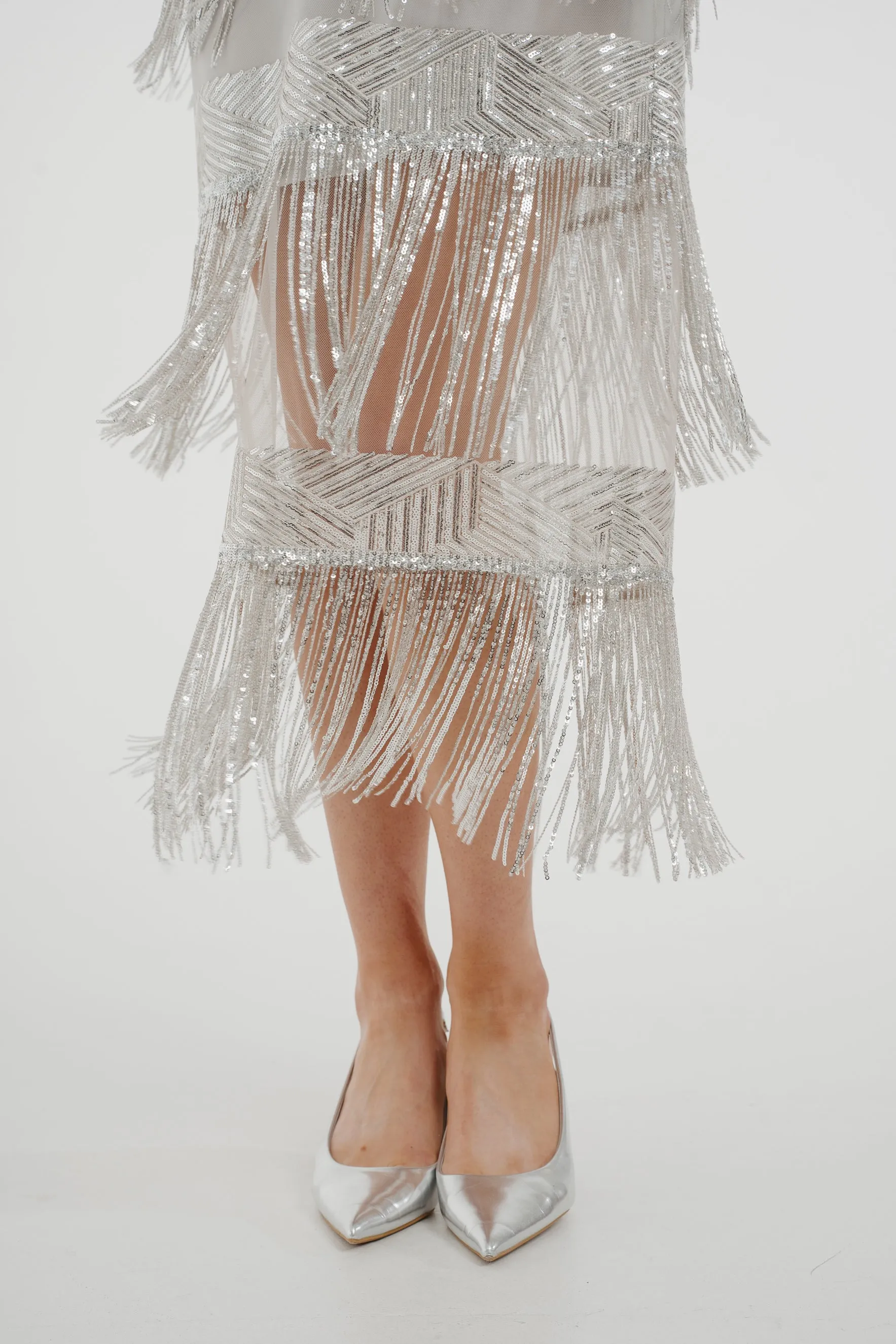 Alana Fringed Sequin Dress In Silver