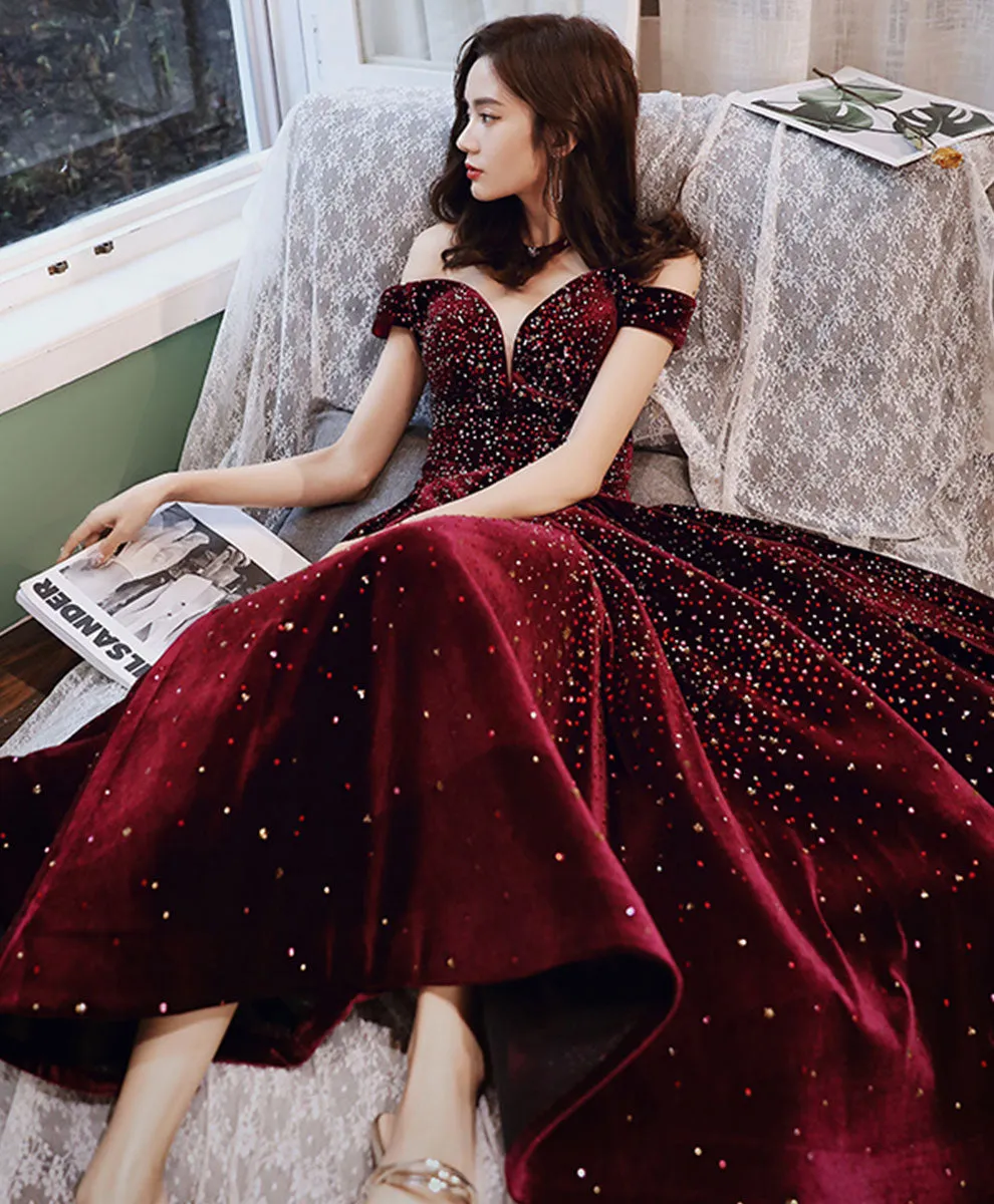 Aline Velvet Sequin Tea Length Burgundy Prom Dress, Burgundy Homecoming Dress