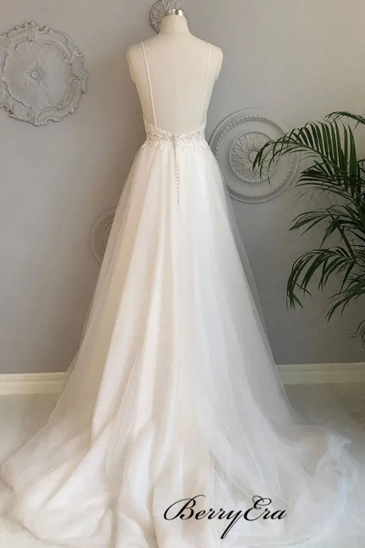 Backless Spaghetti Straps Wedding Dresses, V-neck Lace A-line Wedding Dresses