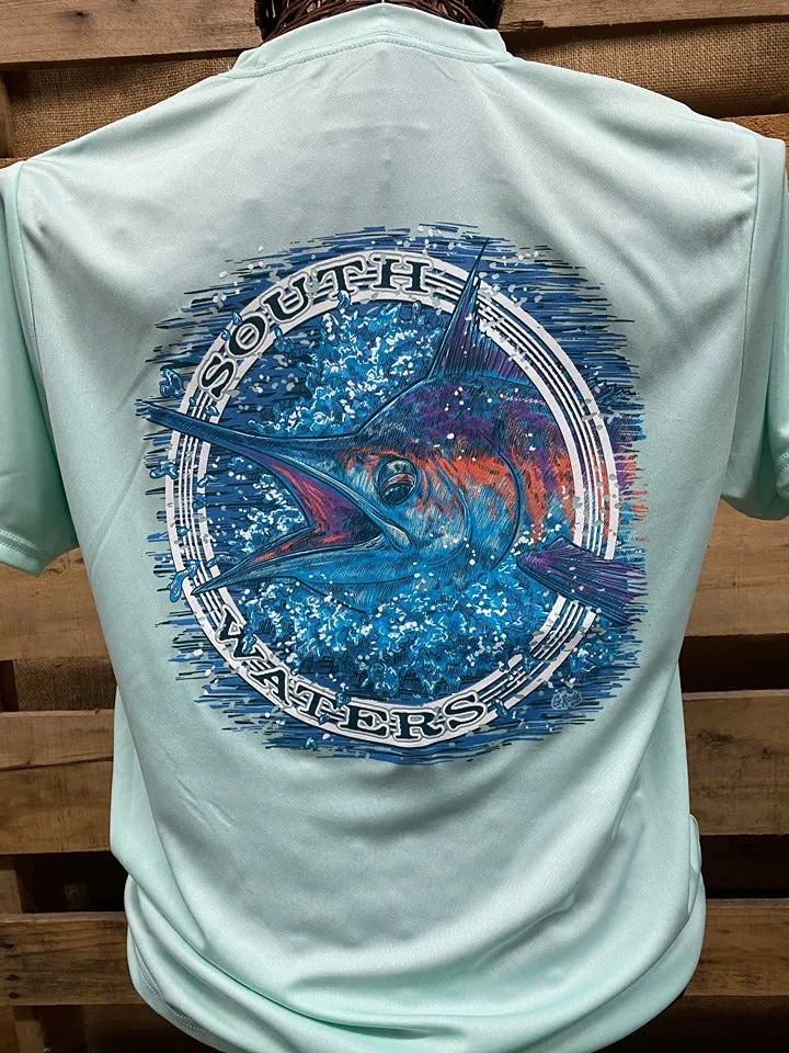 Backwoods South Waters Fishing Marlin A-4 Cooling Pastel Mint Bright Unisex T Shirt