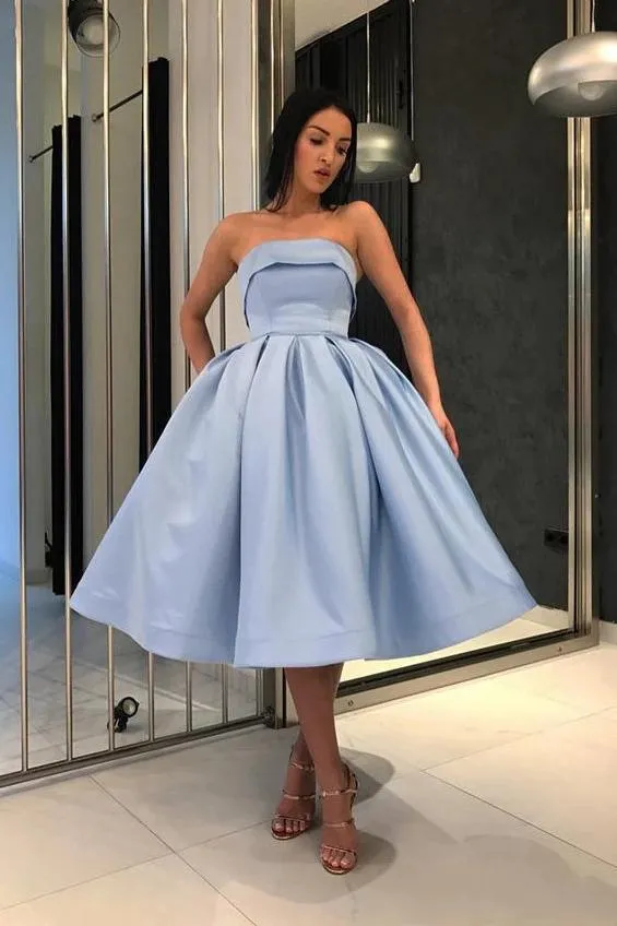 Ball Gown Strapless Satin Blue Short Prom Dresses Tea Length Sleeveless Homecoming Dresses