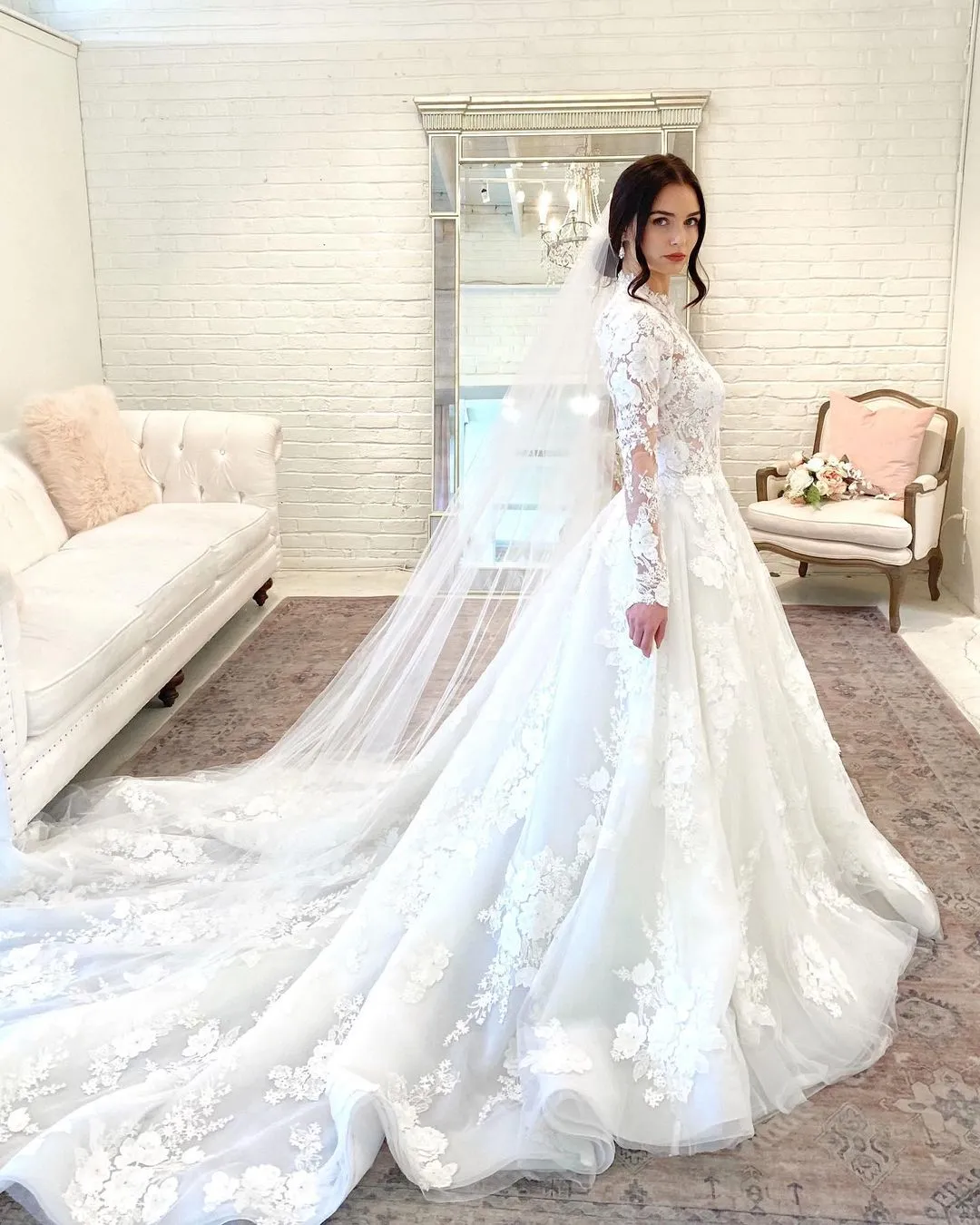 Beautiful Long A-line High Neck Lace Open Back Wedding Dress with Sleeves