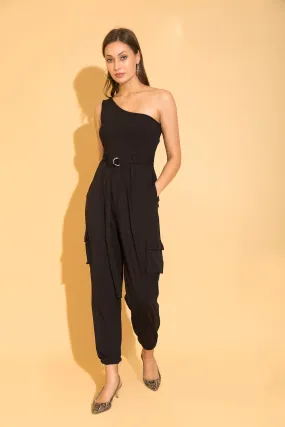 Black One Shoulder Cargo Jumpsuit