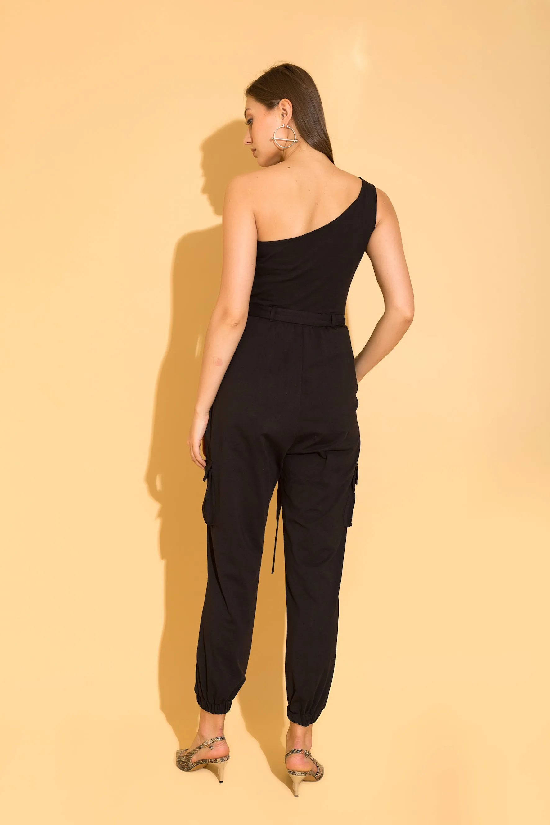 Black One Shoulder Cargo Jumpsuit