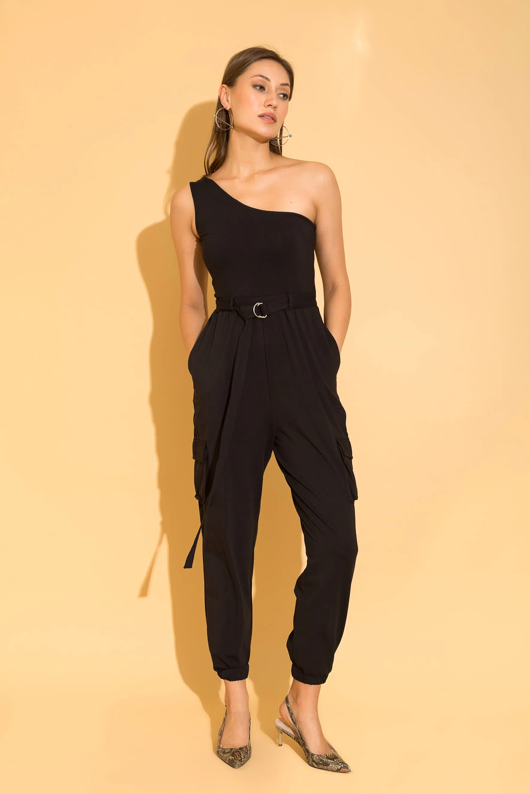 Black One Shoulder Cargo Jumpsuit