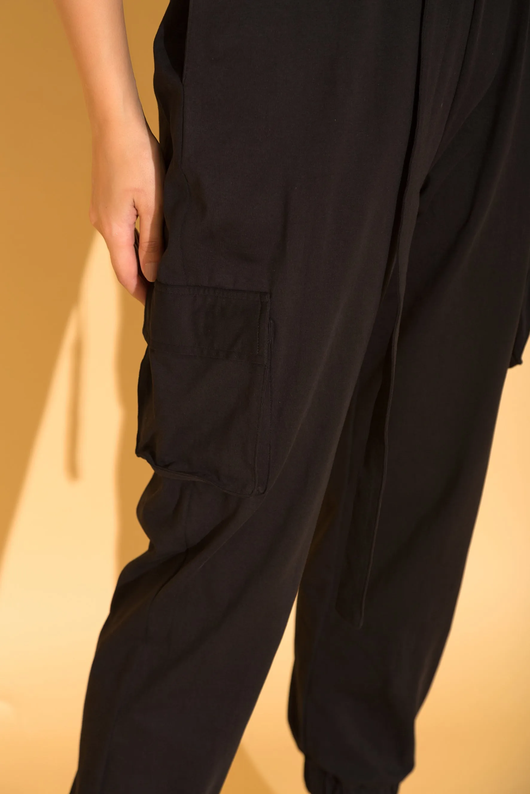 Black One Shoulder Cargo Jumpsuit