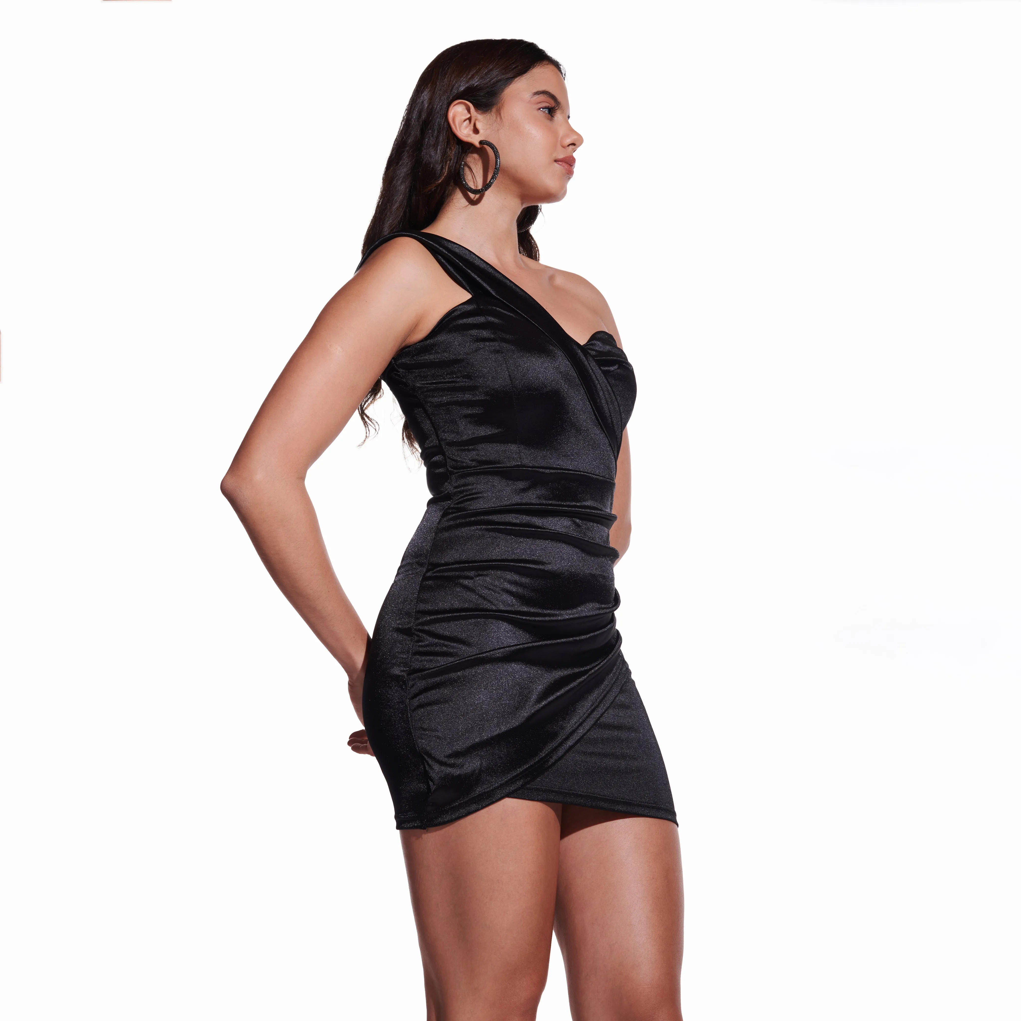 Black One Shoulder Satin Cocktail Mini Dress