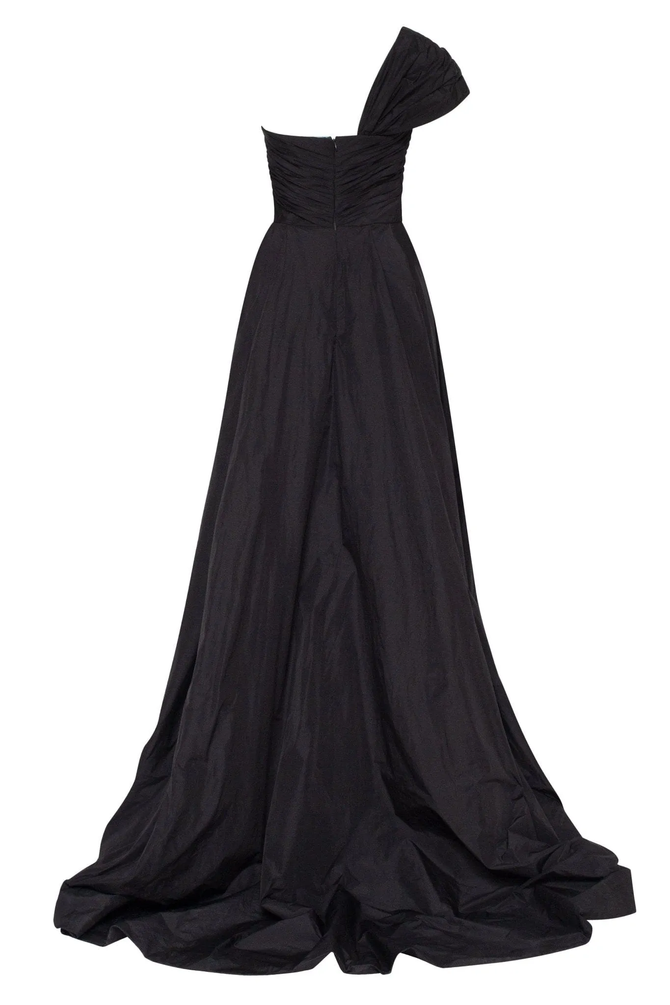 Black taffeta evening gown with a high slit and one-shoulder wrap top