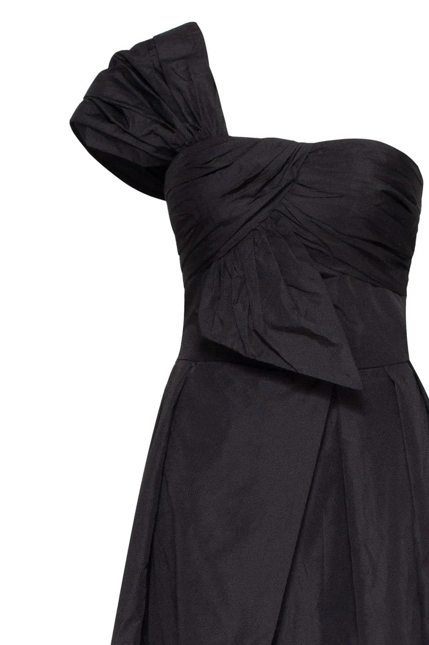 Black taffeta evening gown with a high slit and one-shoulder wrap top