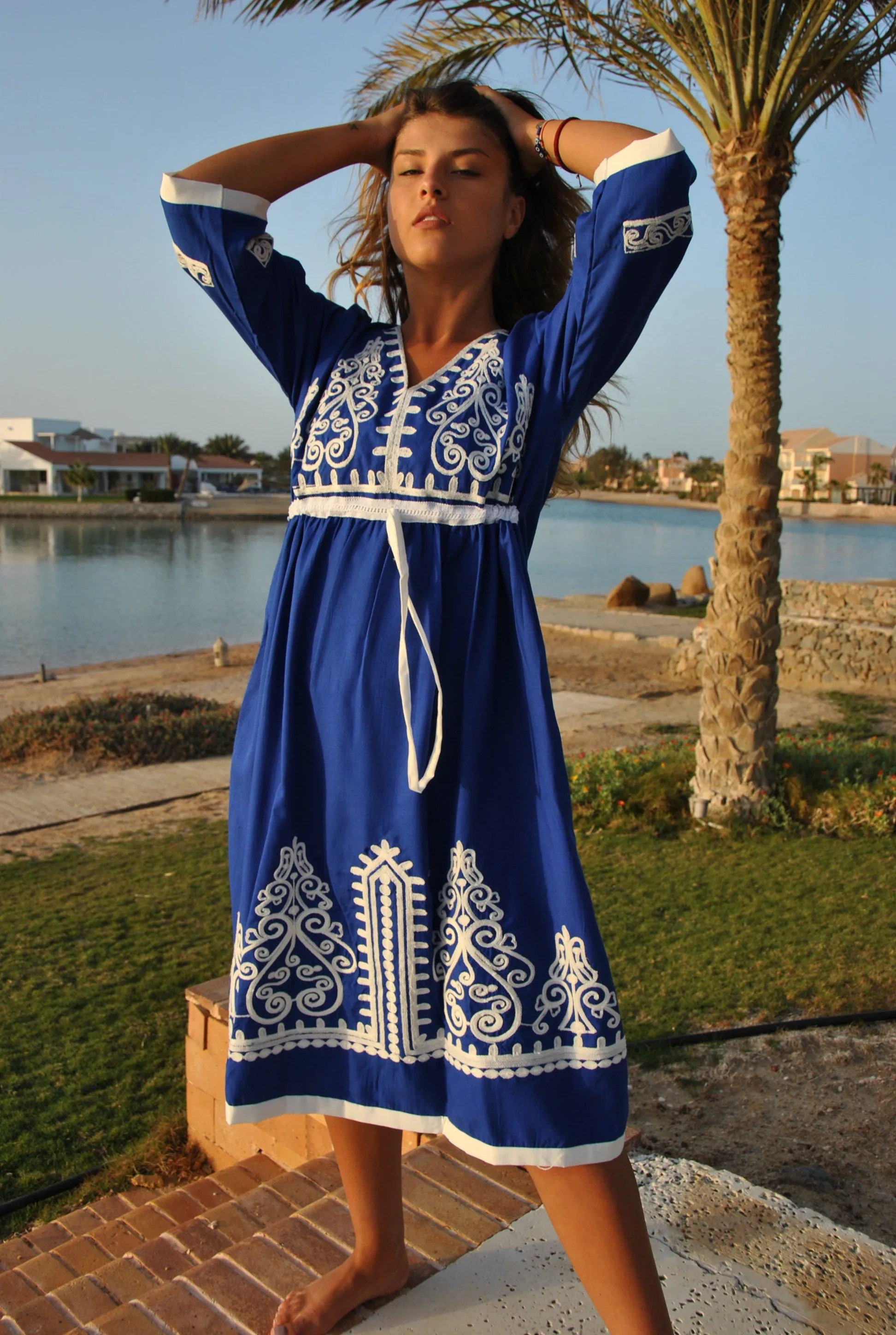 Blue Tunic embroidered kaftan, Bohemian embroidery tunic dress, embroidered tunic kaftan, Egyptian cotton. Summer, party, casual, home dress