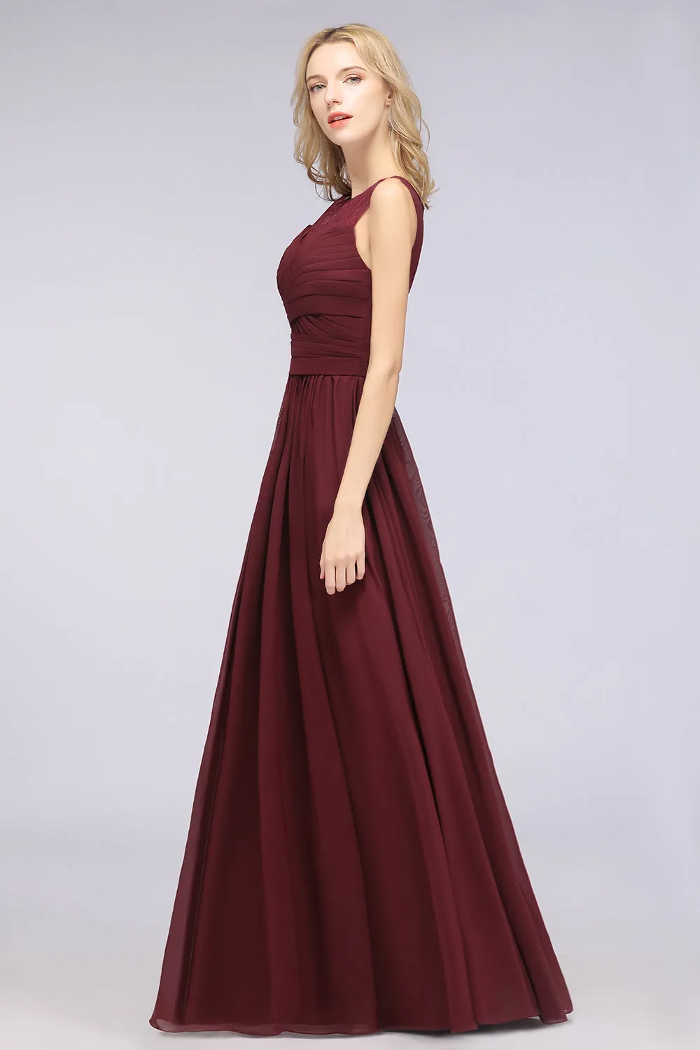 Burgundy Long A-Line Chiffon Tulle Lace Bridesmaid Dress with Ruffle