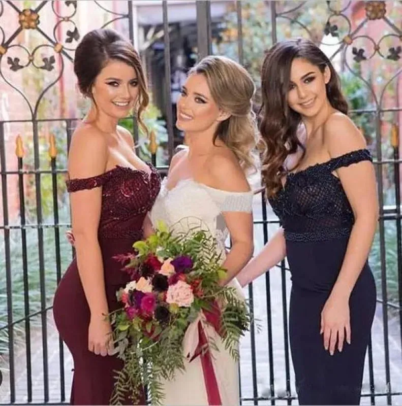 Burgundy Off Shoulder Mermaid Bridesmaid Dress