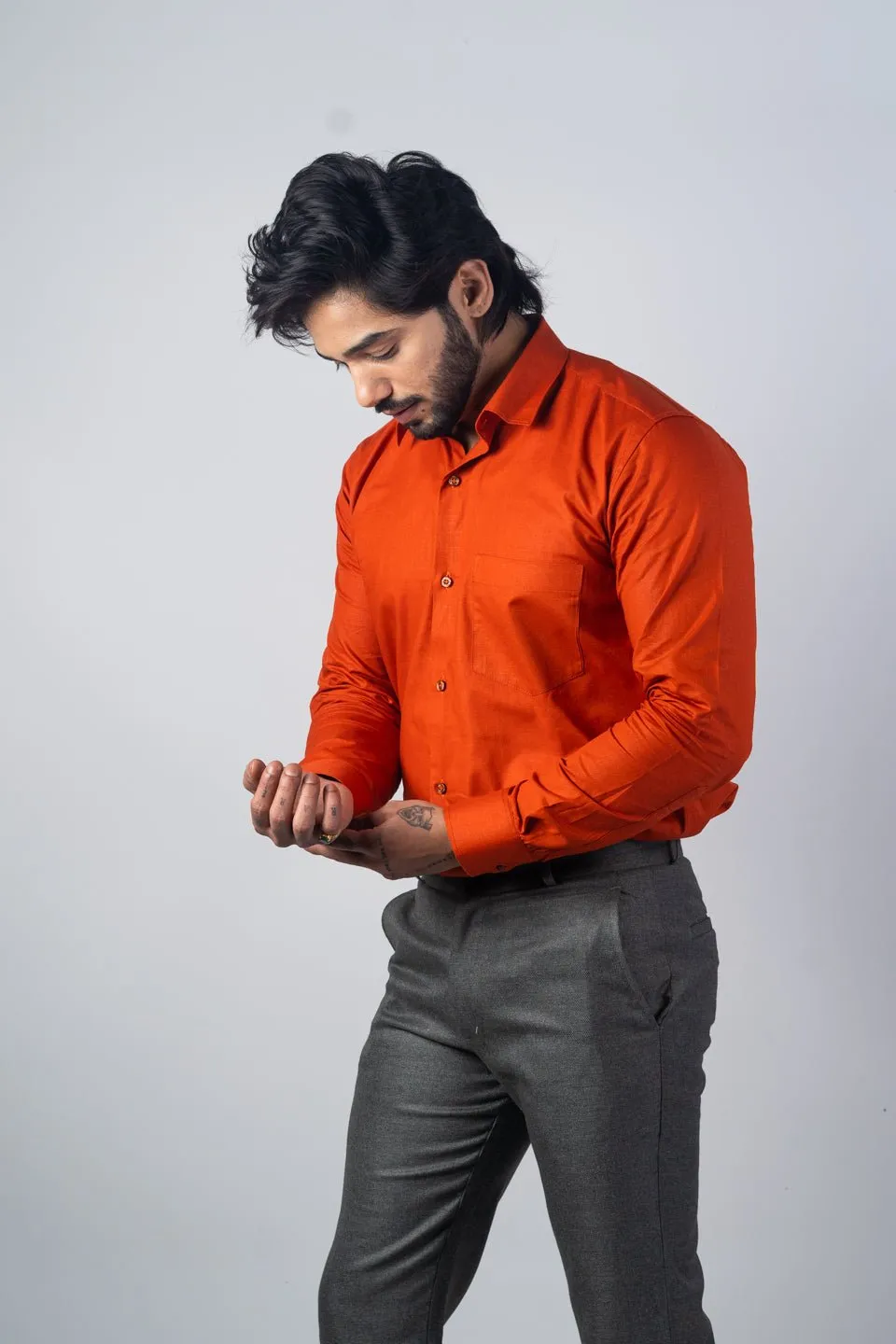 Burnt Orange Color Solid Pure Cotton For Men