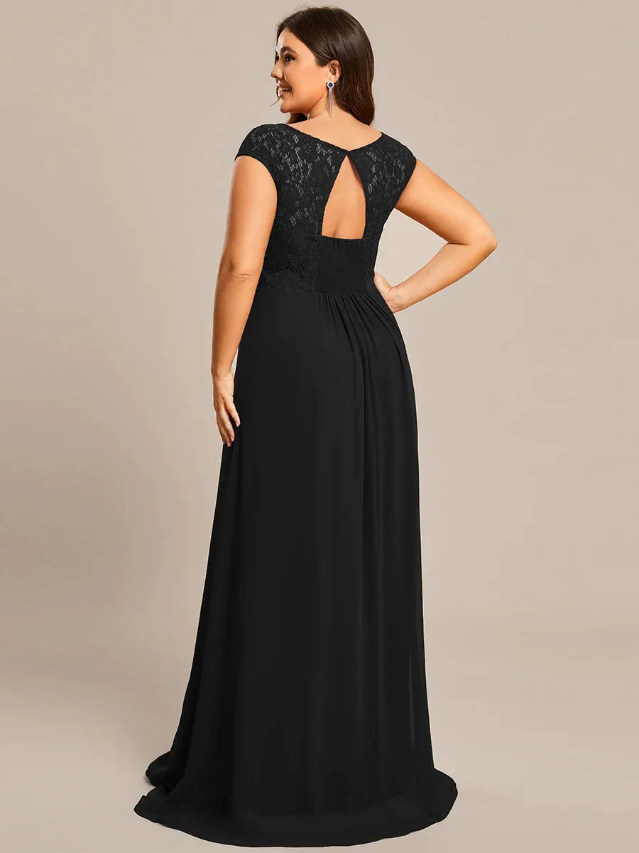 Cap Sleeve A Line Lace & Chiffon Plus Size Evening Dress