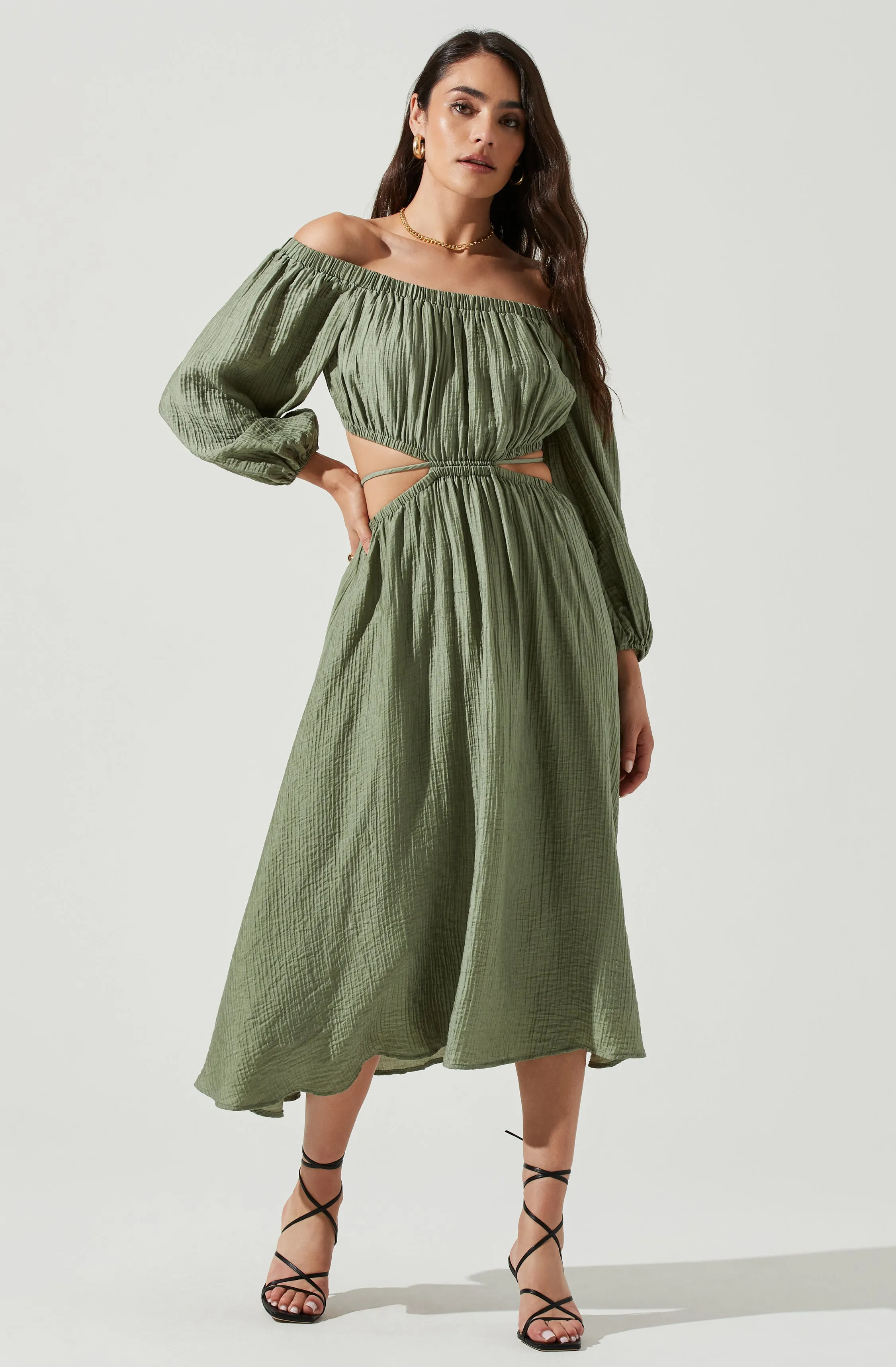 Cassian Off Shoulder Cutout Tie Waist Midi Dress