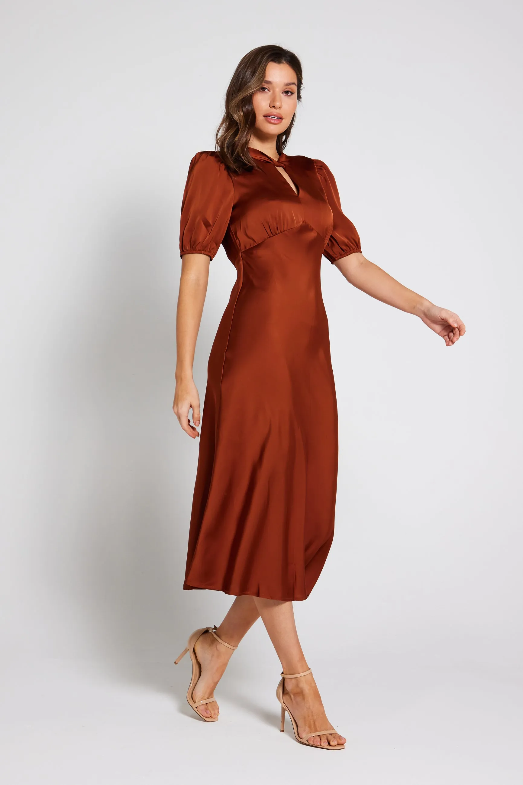 Celia Twist Neck Satin Slip Dress - Rust